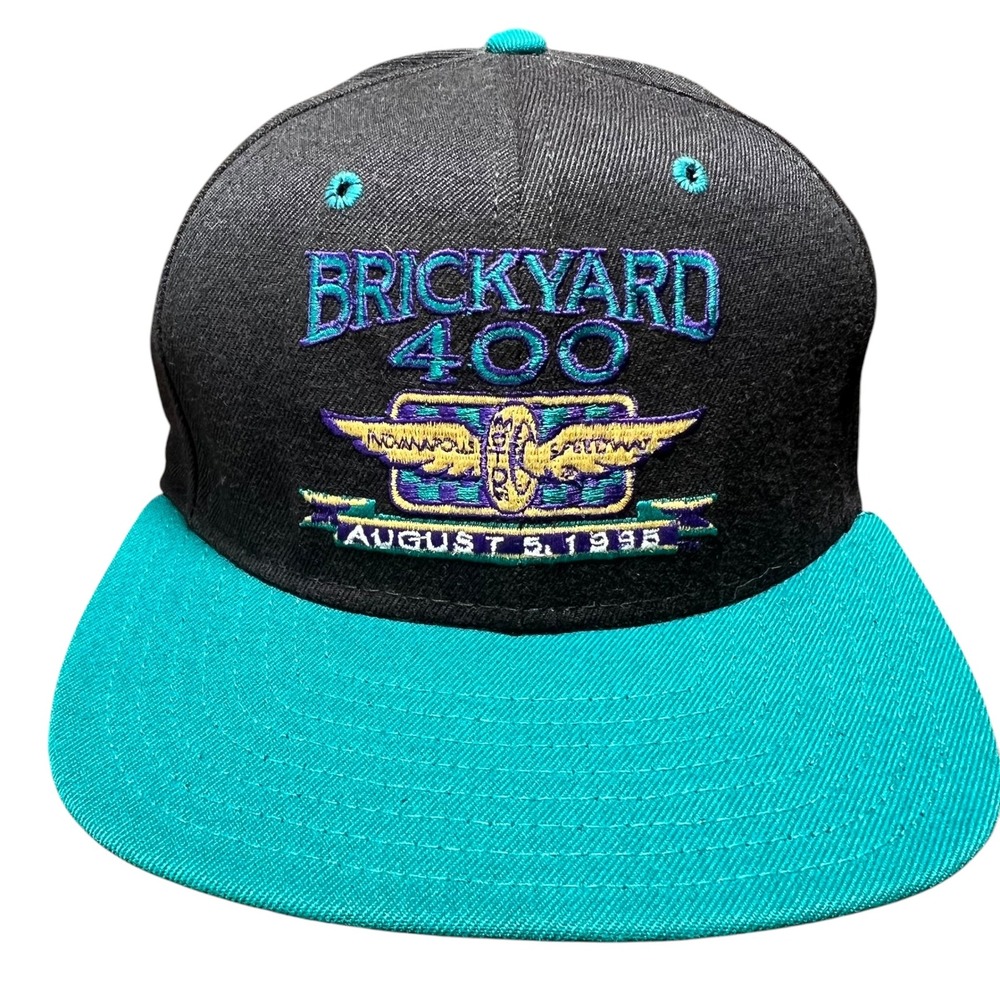 DeLONG Brickyard 400 Hat Mens Med-Lg Black Teal 1995 Vintage Racing Snapback